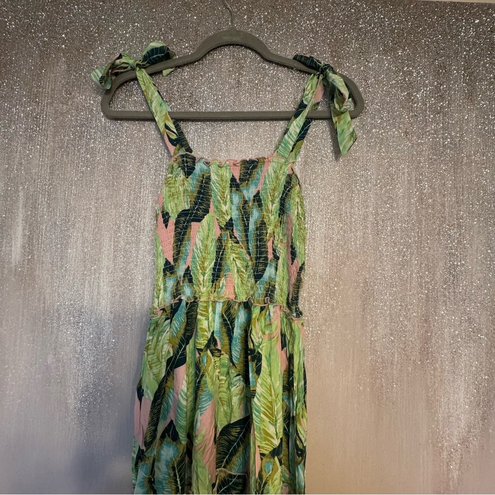 Green Pink Tropical Leaf Tie-Shoulder Maxi Dress